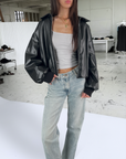 Black Puff Leather Bomber