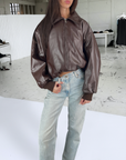 Brown Puff Leather Bomber