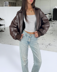 Brown Puff Leather Bomber