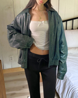 Teal Leather Bomber