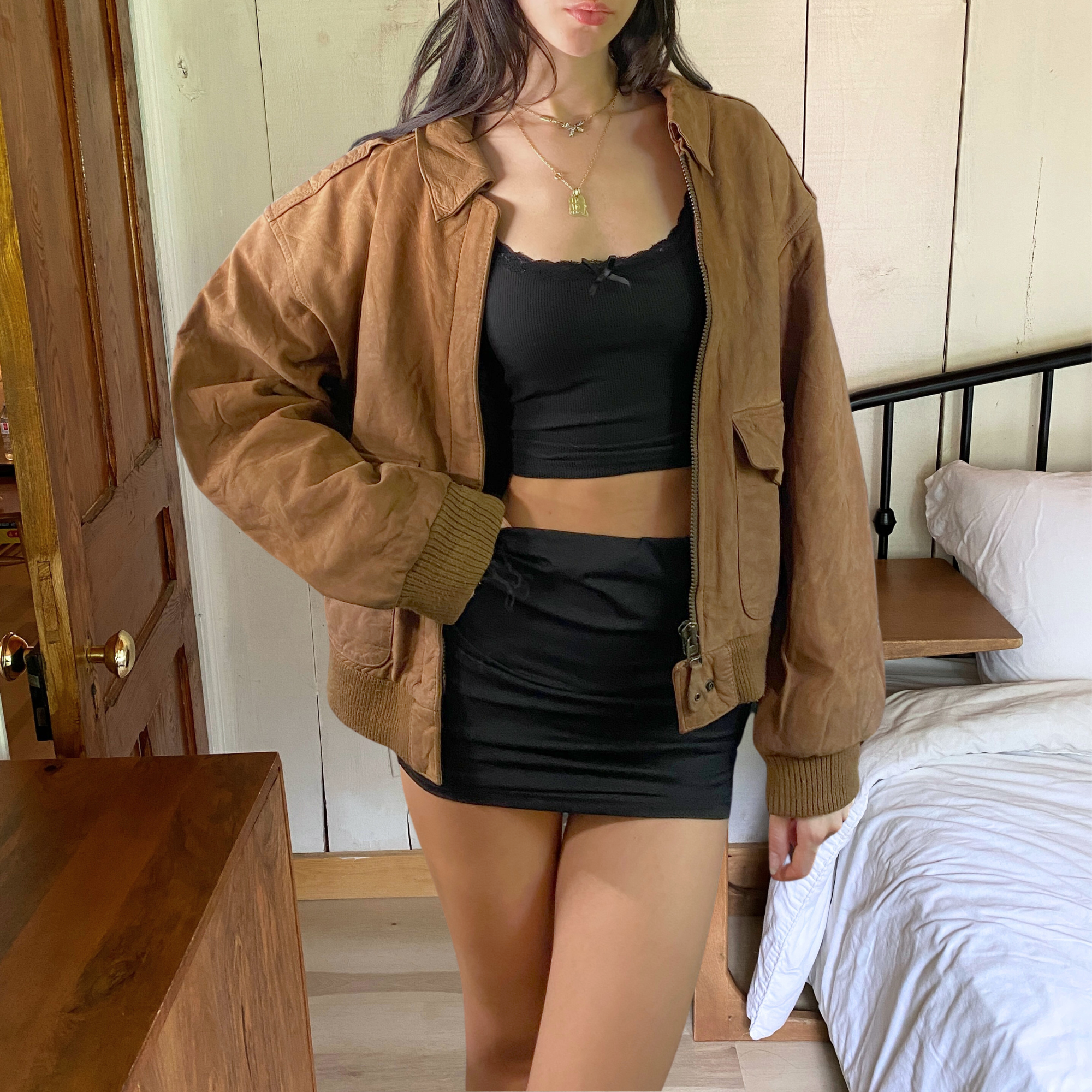 Tan Leather Bomber