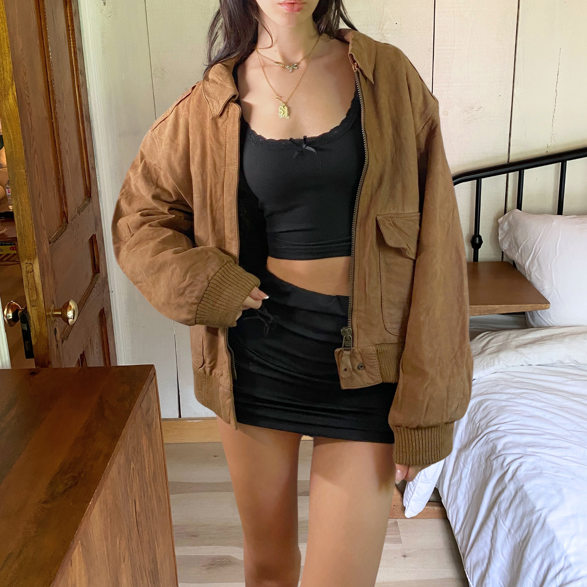 Tan Leather Bomber