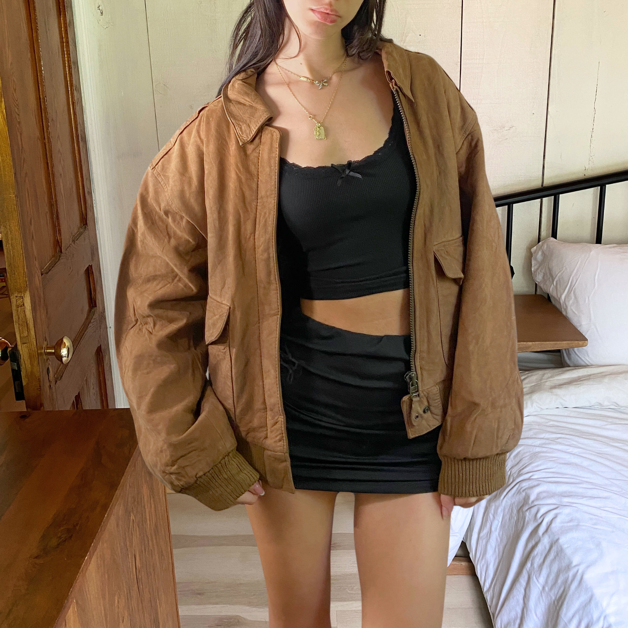 Tan Leather Bomber