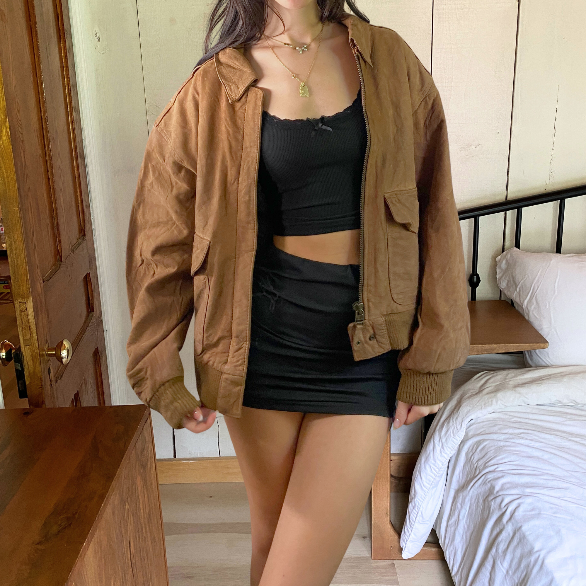 Tan Leather Bomber