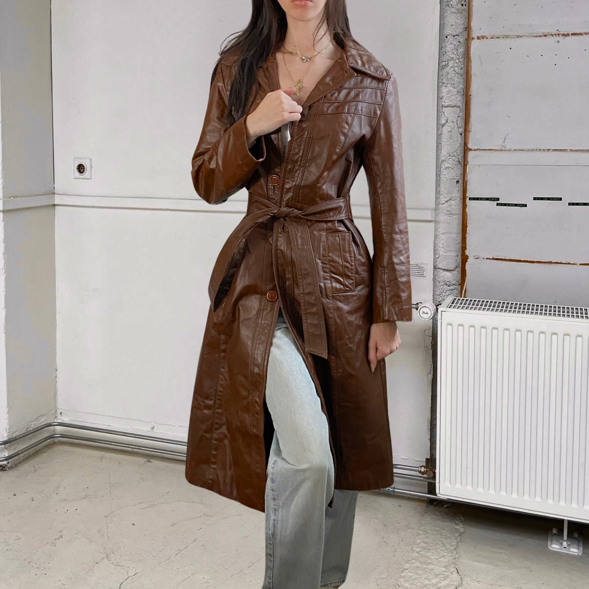 42" Brown Leather Trench