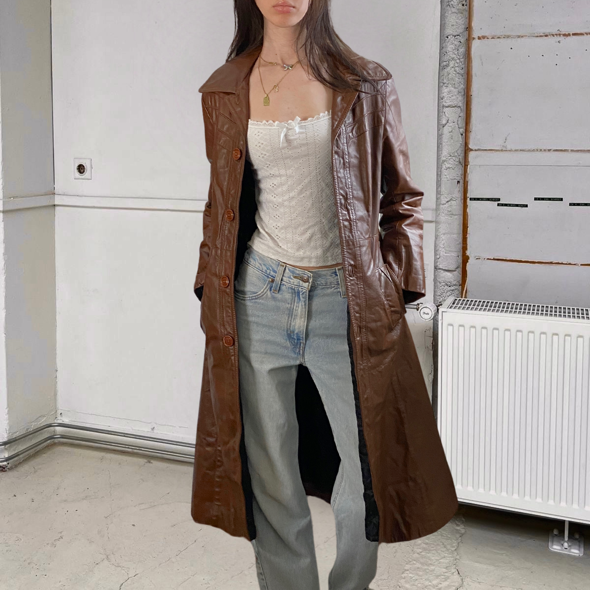 42" Brown Leather Trench