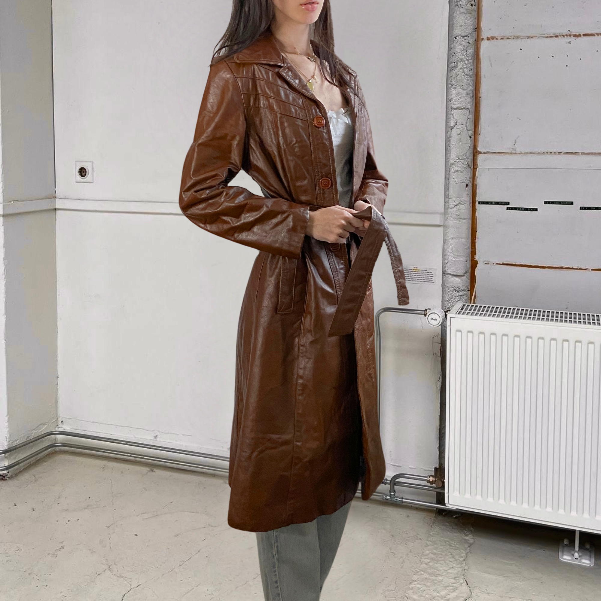 42" Brown Leather Trench