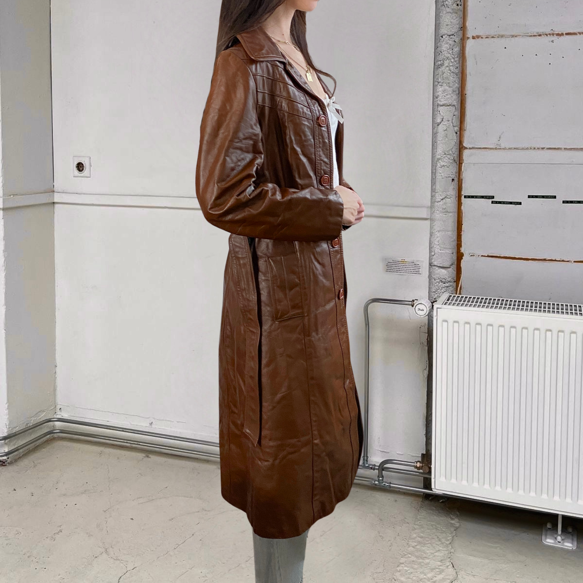42" Brown Leather Trench