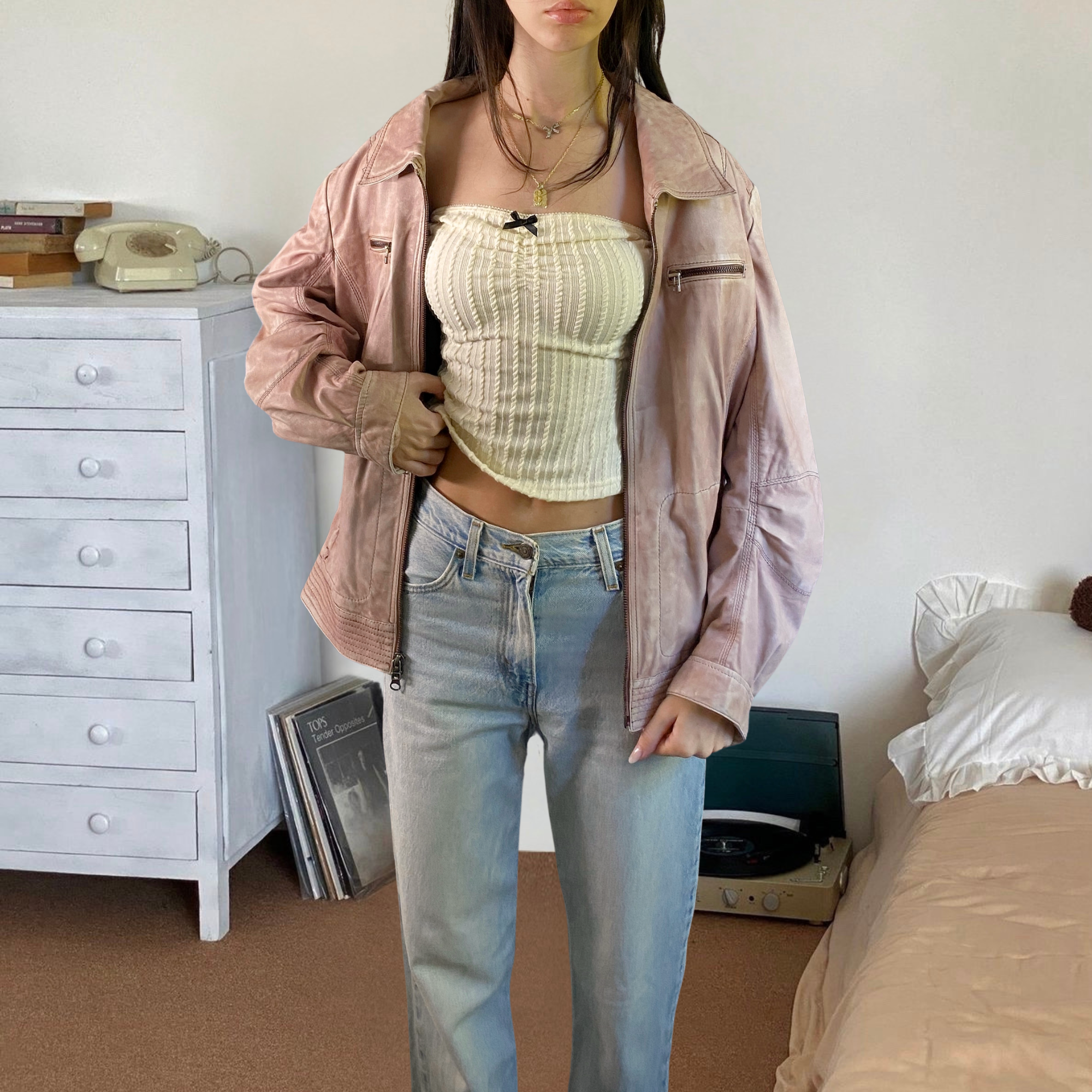 Pink Leather Bomber