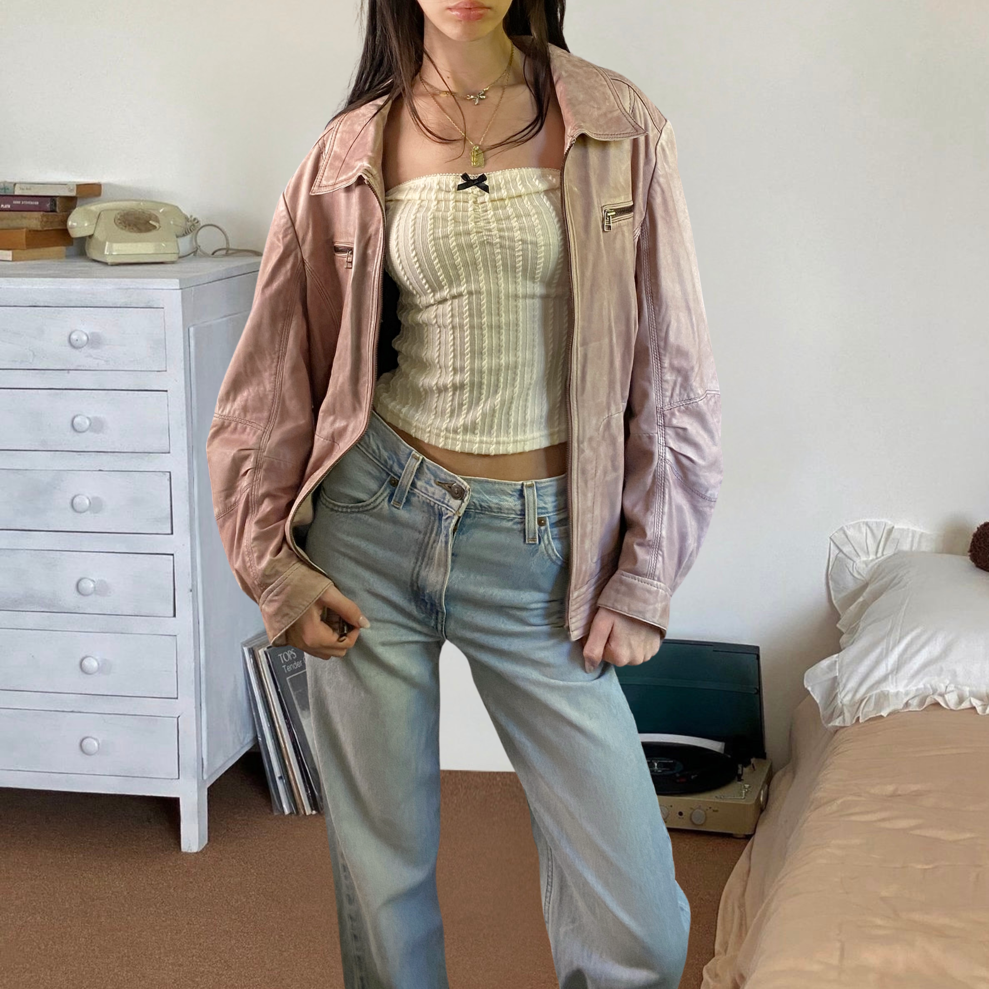 Pink Leather Bomber