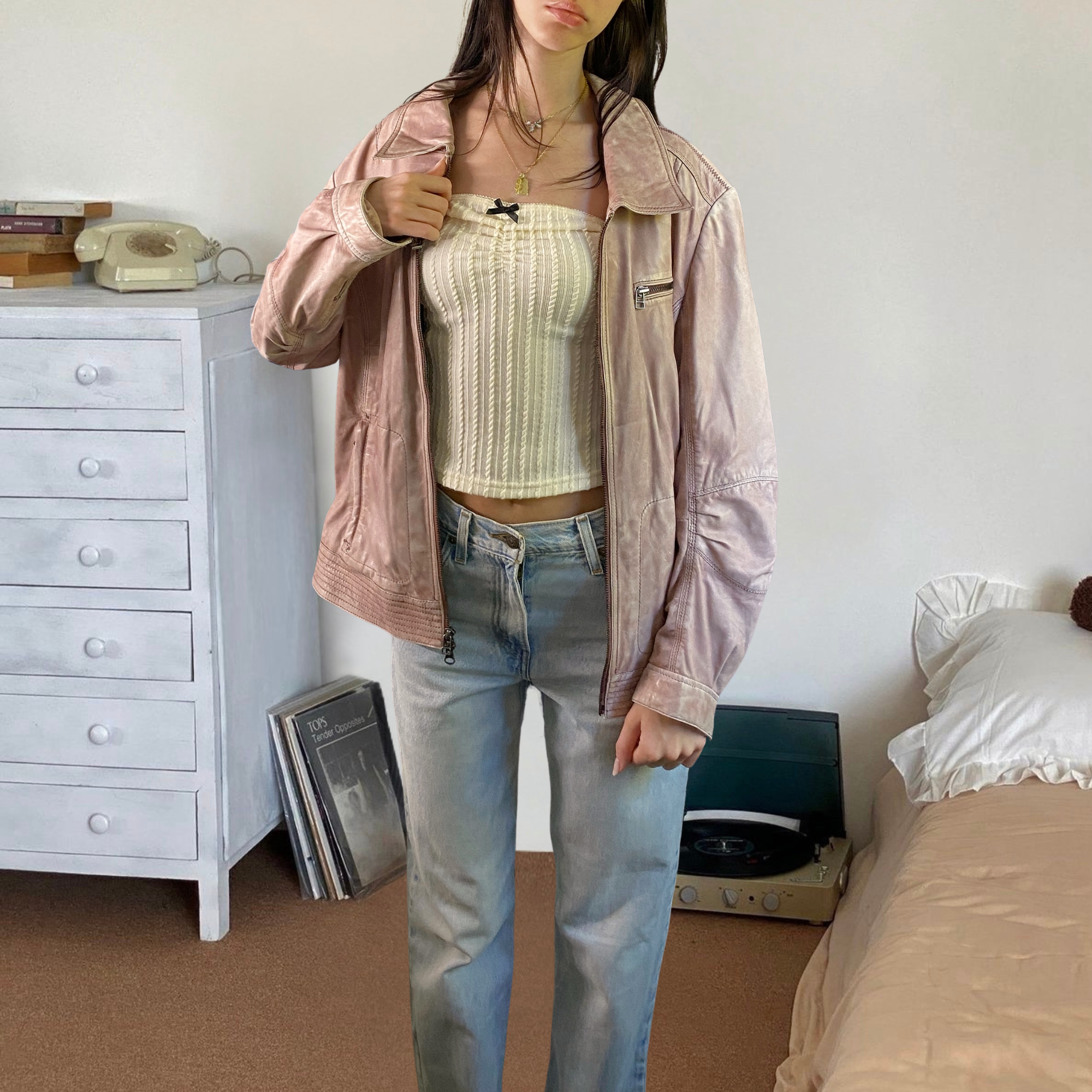 Pink Leather Bomber