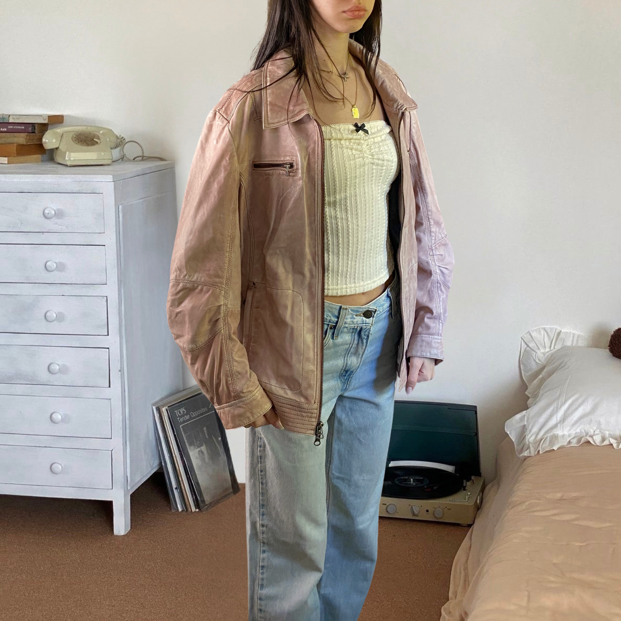 Pink Leather Bomber