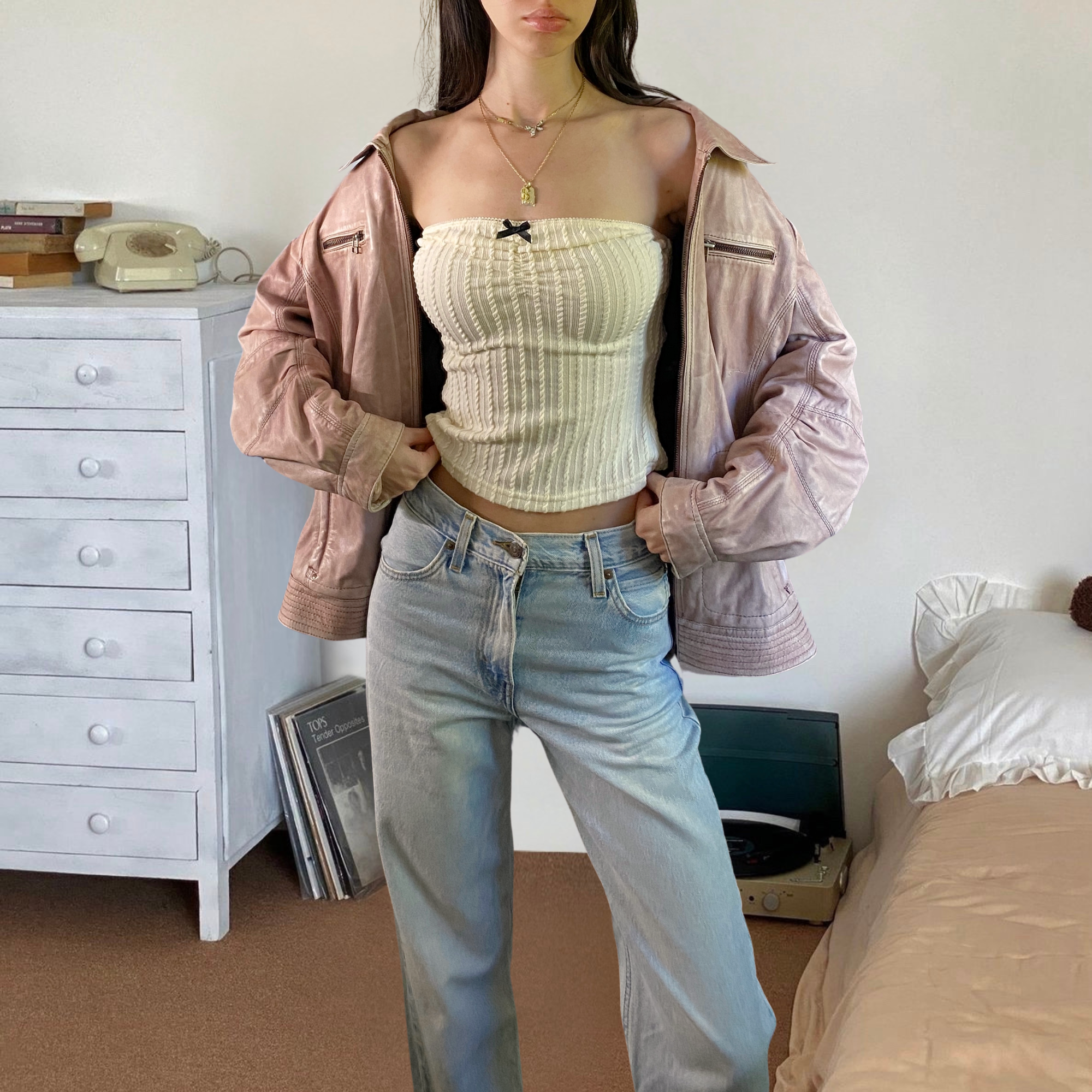 Pink Leather Bomber