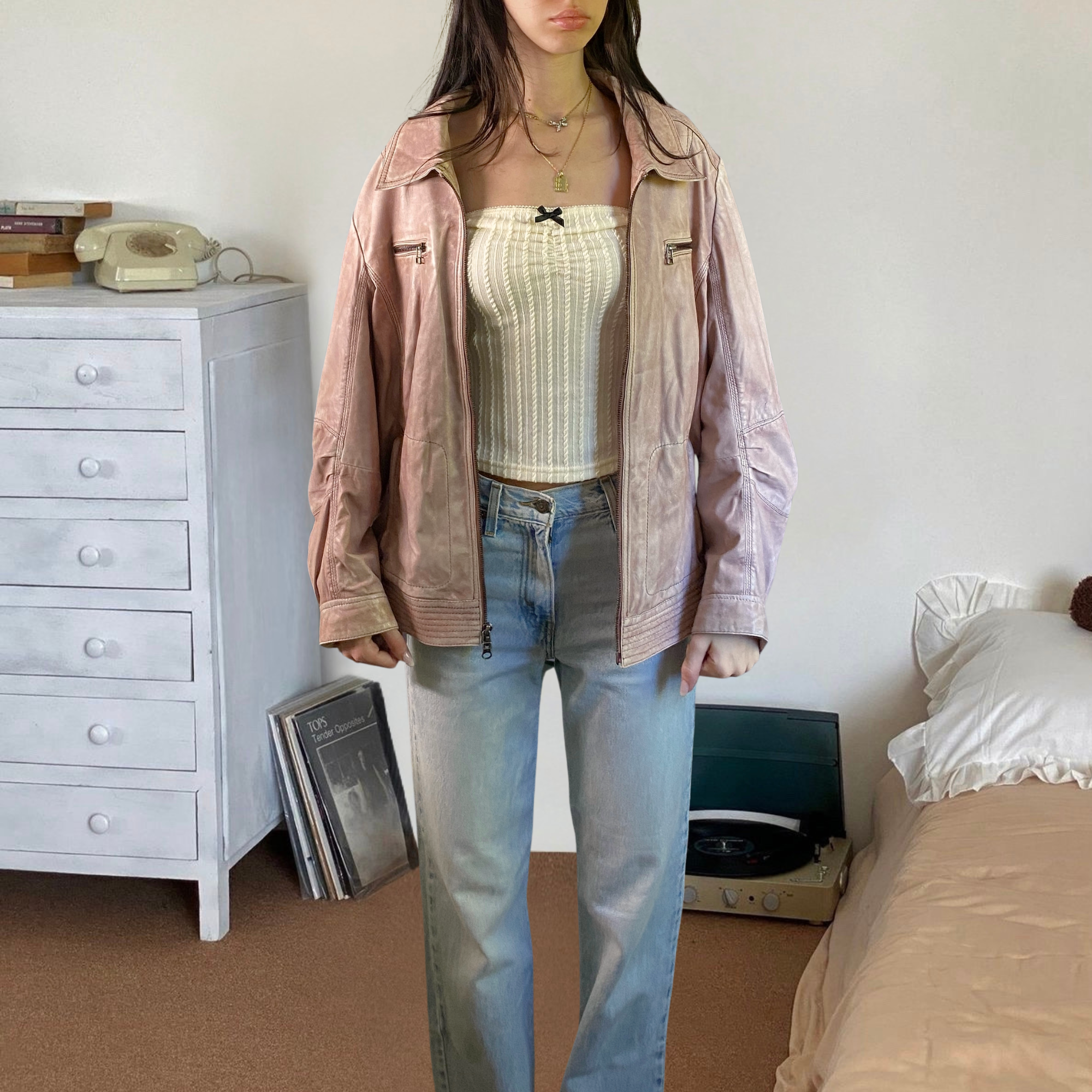 Pink Leather Bomber
