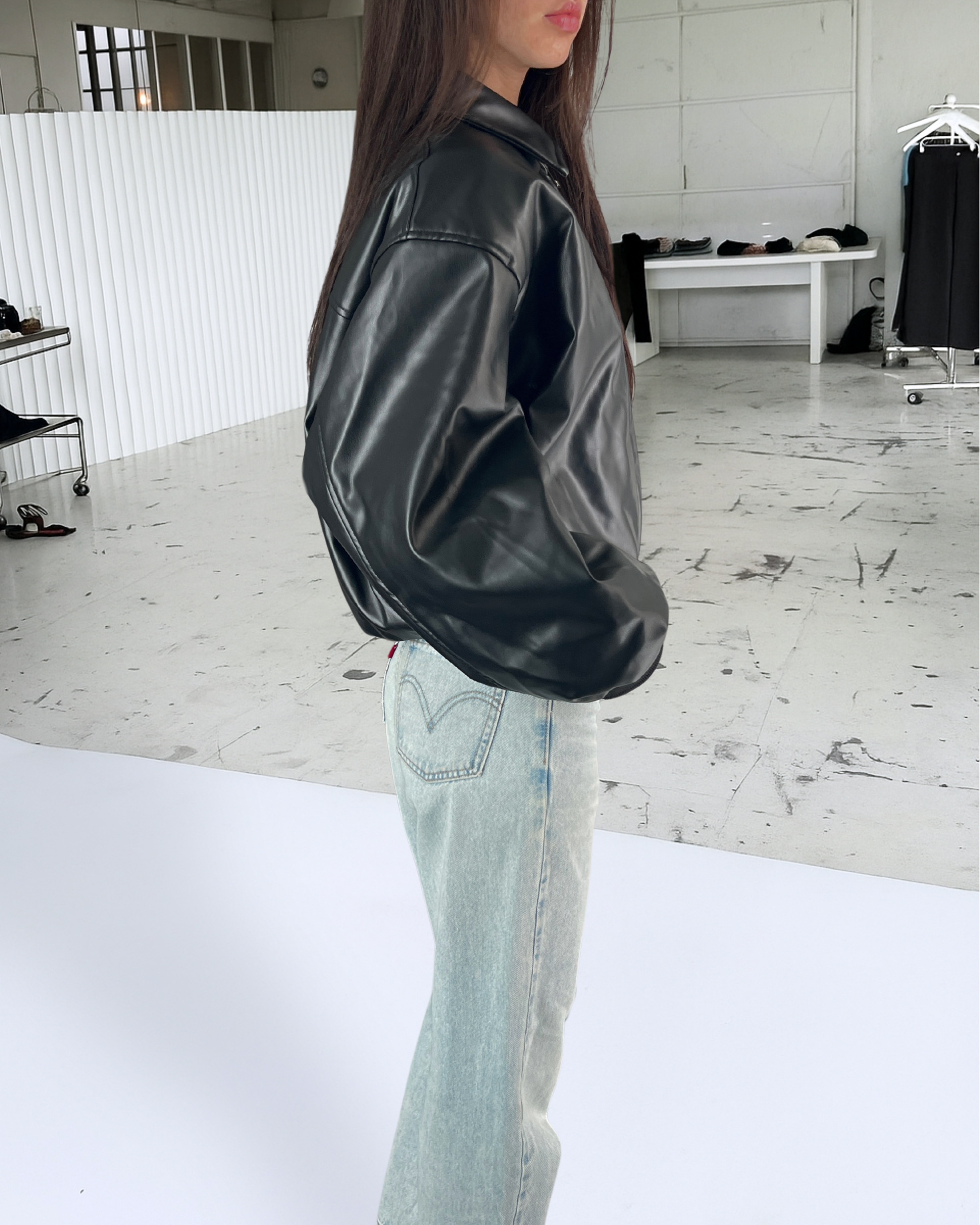 Black Puff Leather Bomber