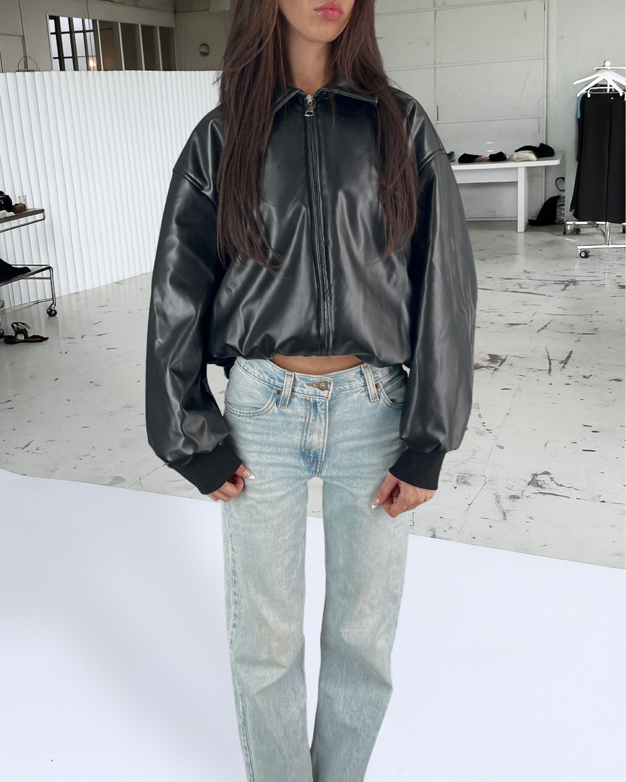 Black Puff Leather Bomber