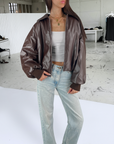 Brown Puff Leather Bomber