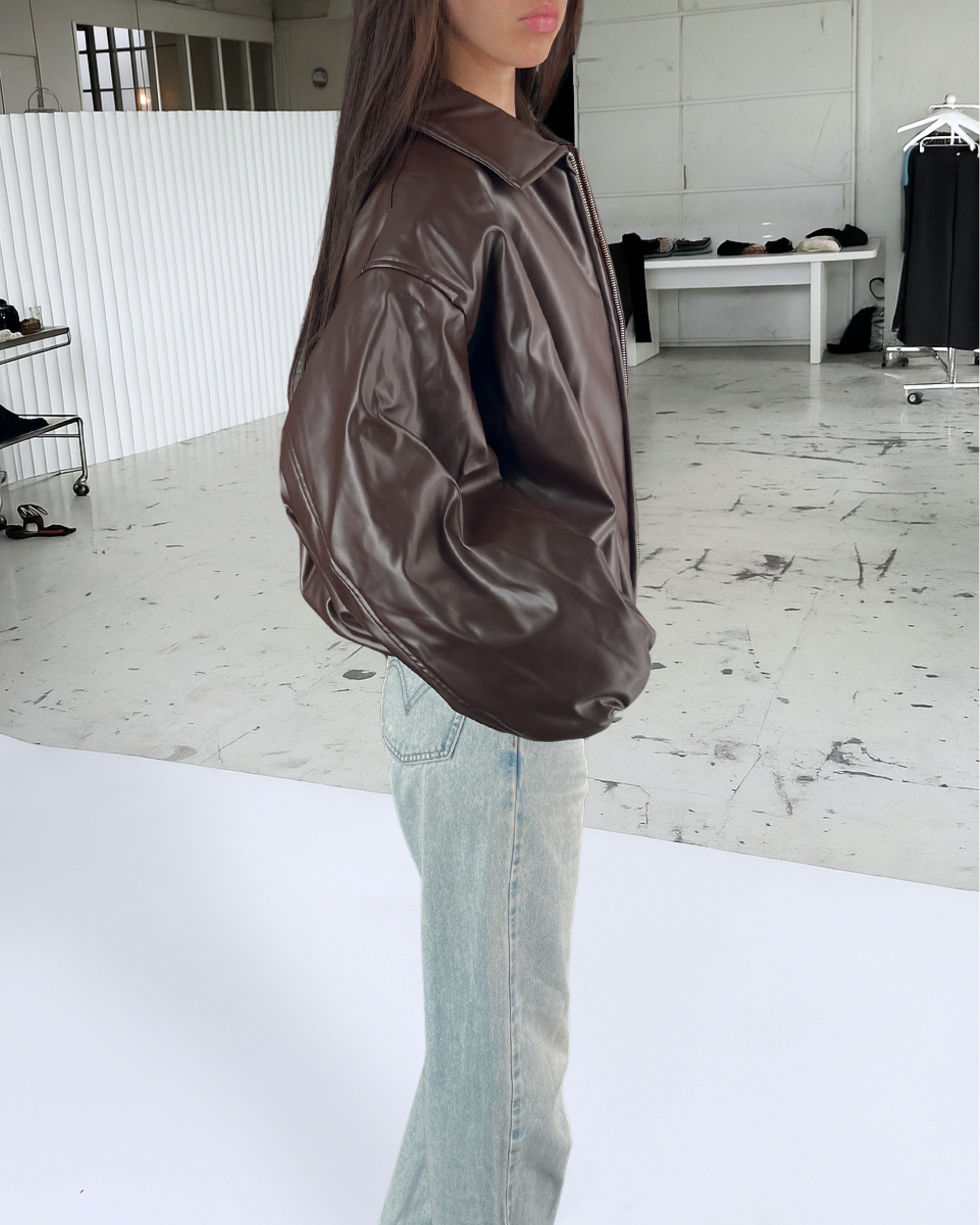 Brown Puff Leather Bomber
