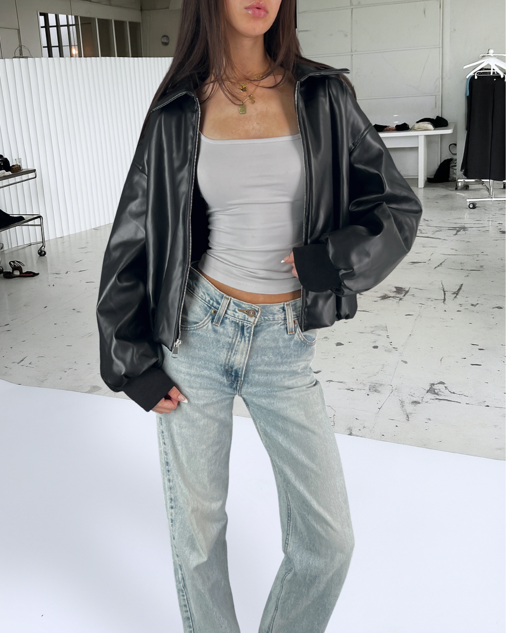 Brown Puff Leather Bomber