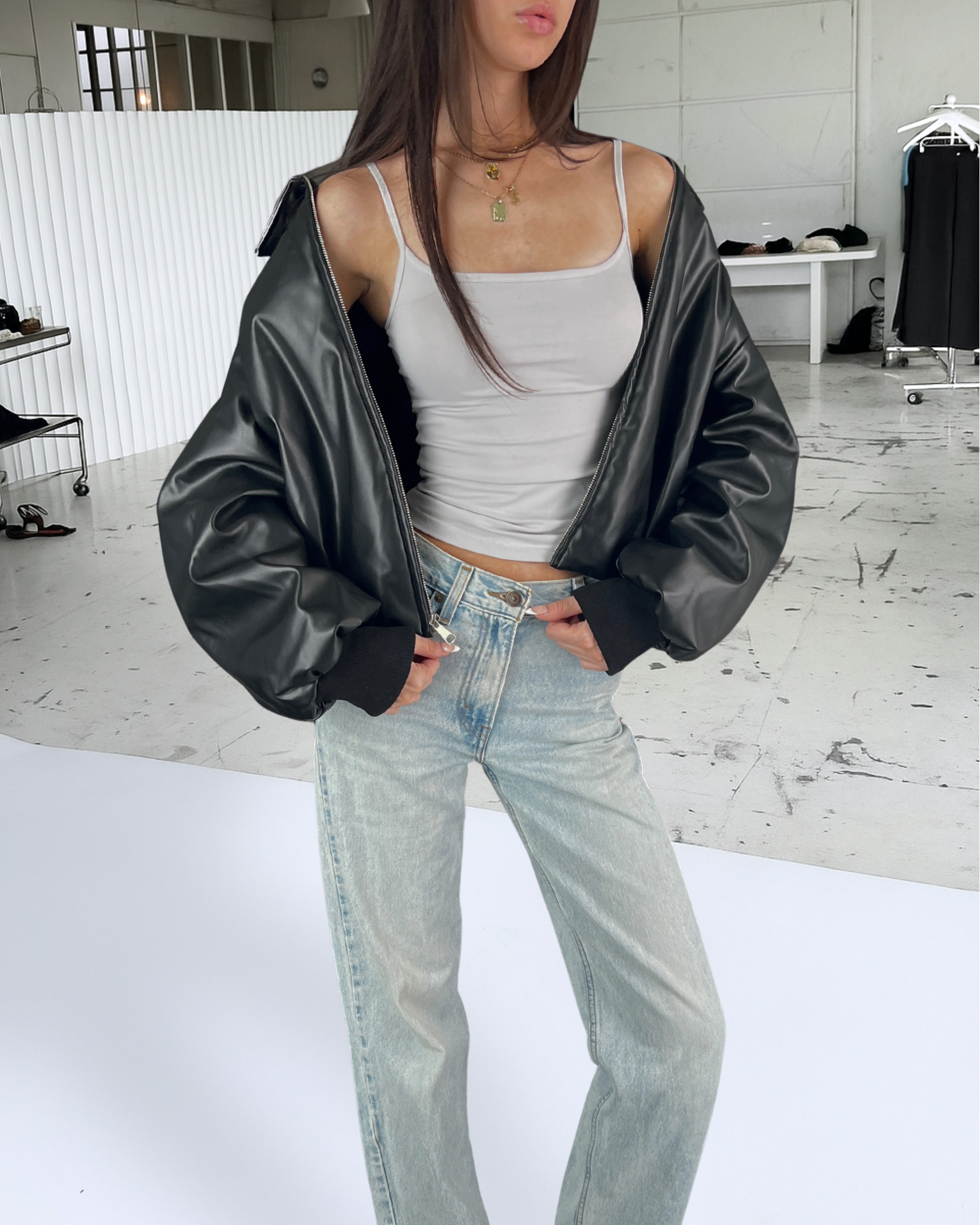 Brown Puff Leather Bomber