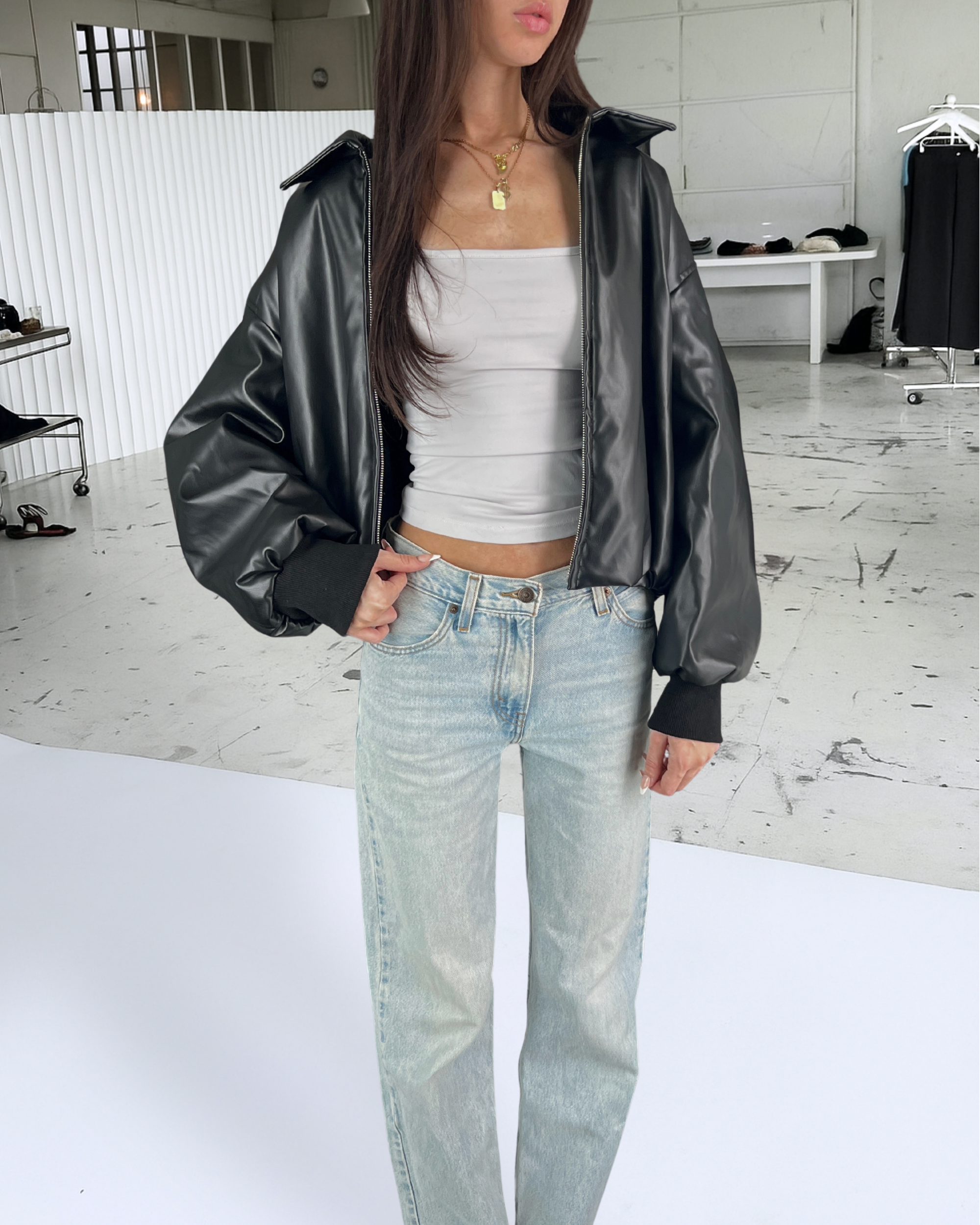 Brown Puff Leather Bomber