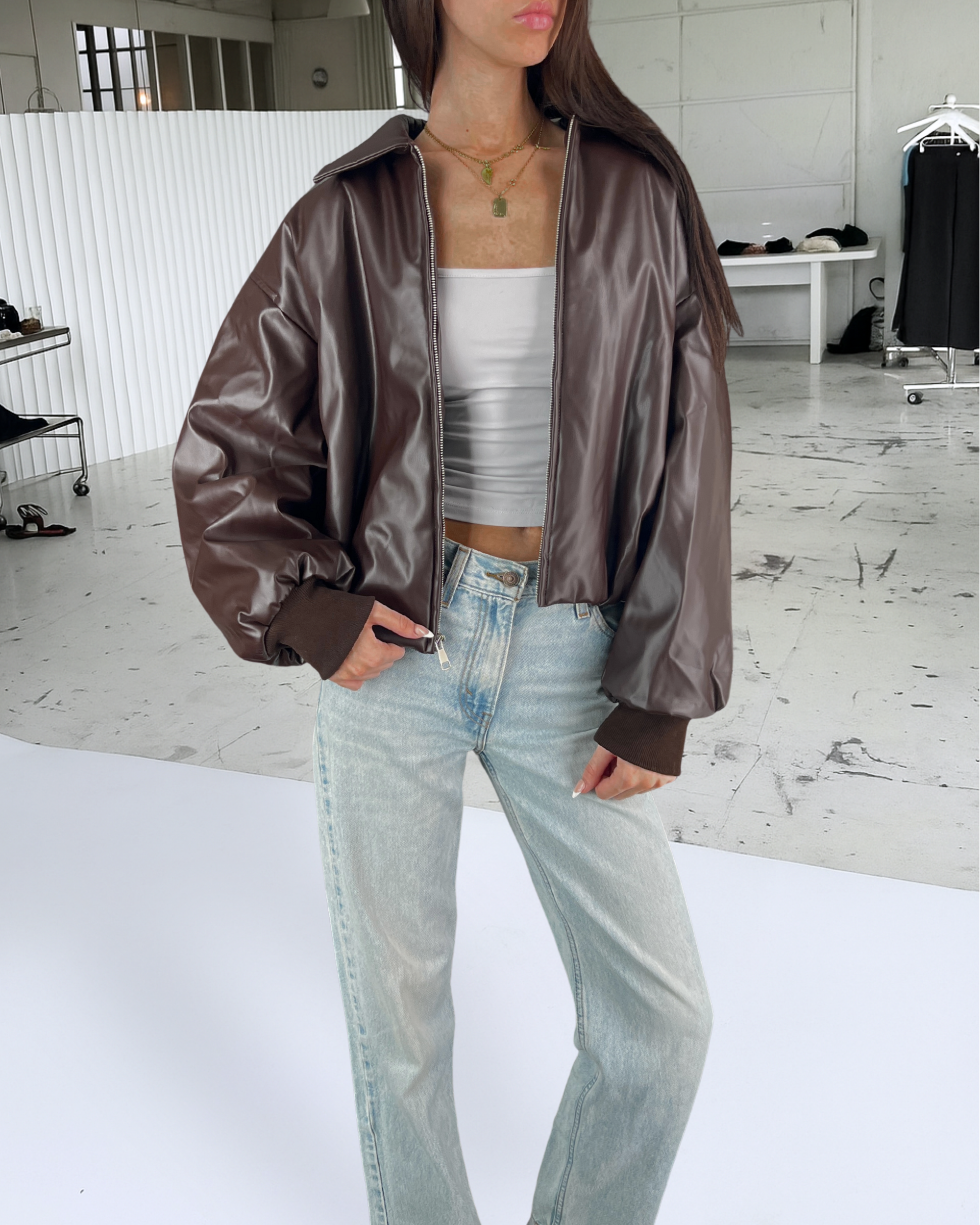 Black Puff Leather Bomber