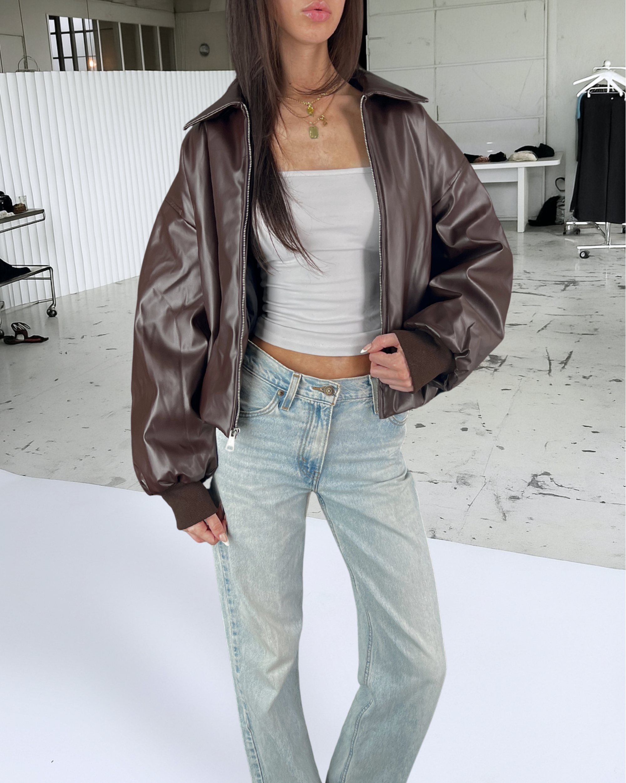 Black Puff Leather Bomber