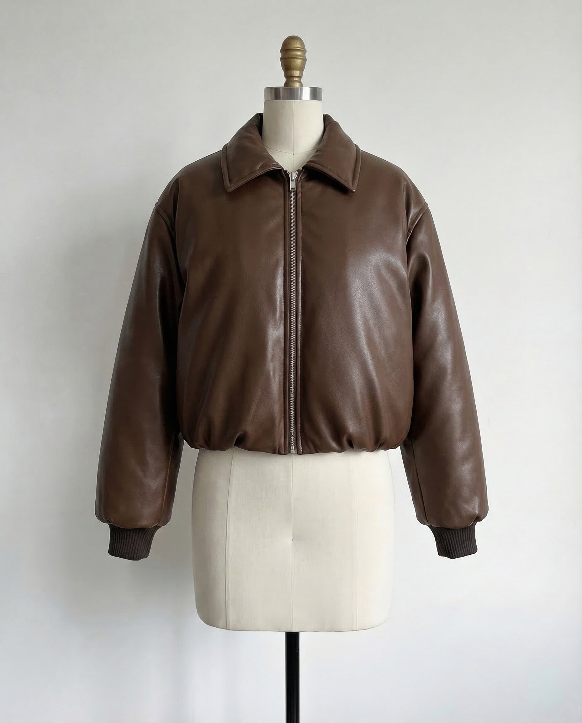 Brown Puff Leather Bomber