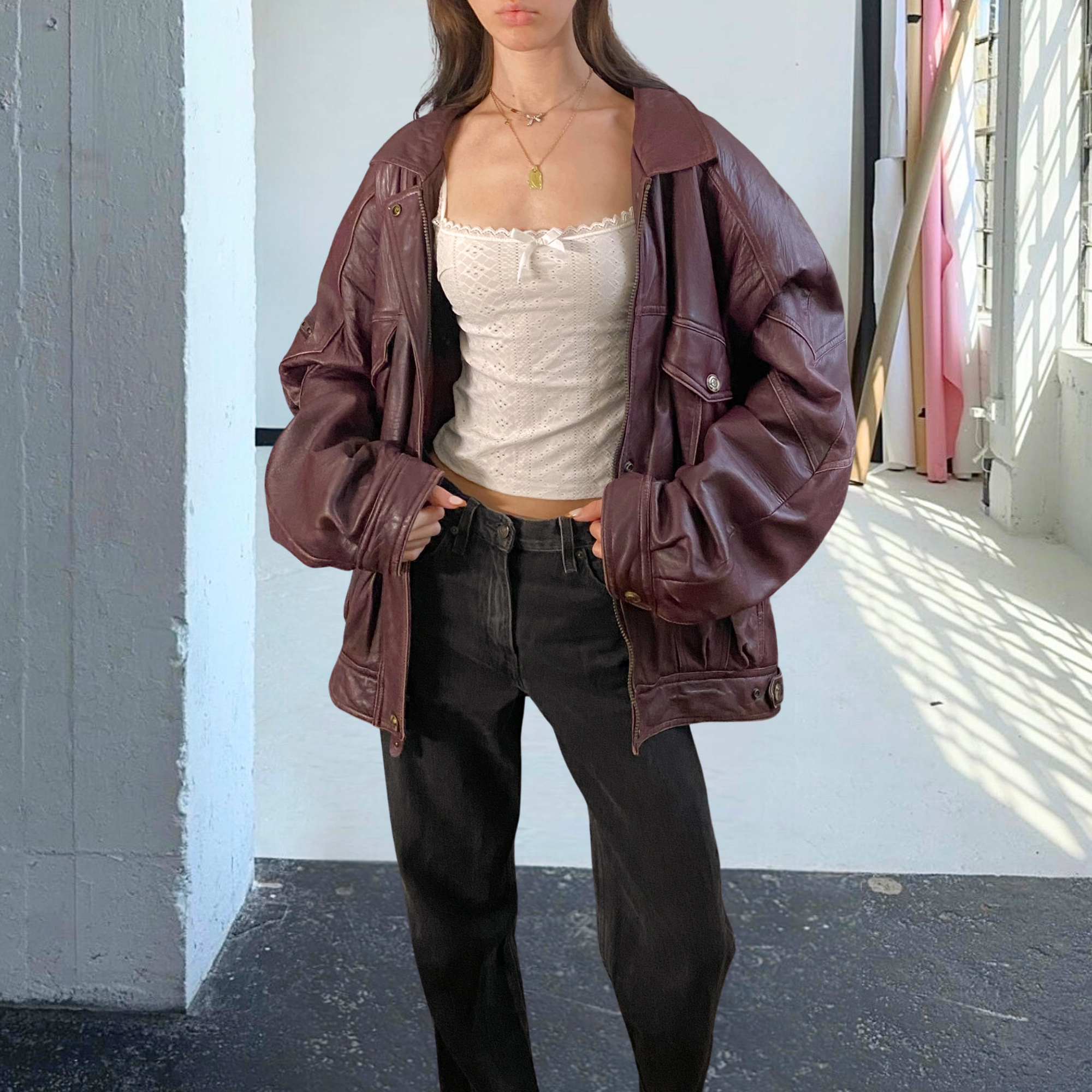 Danier Burgundy Leather Bomber