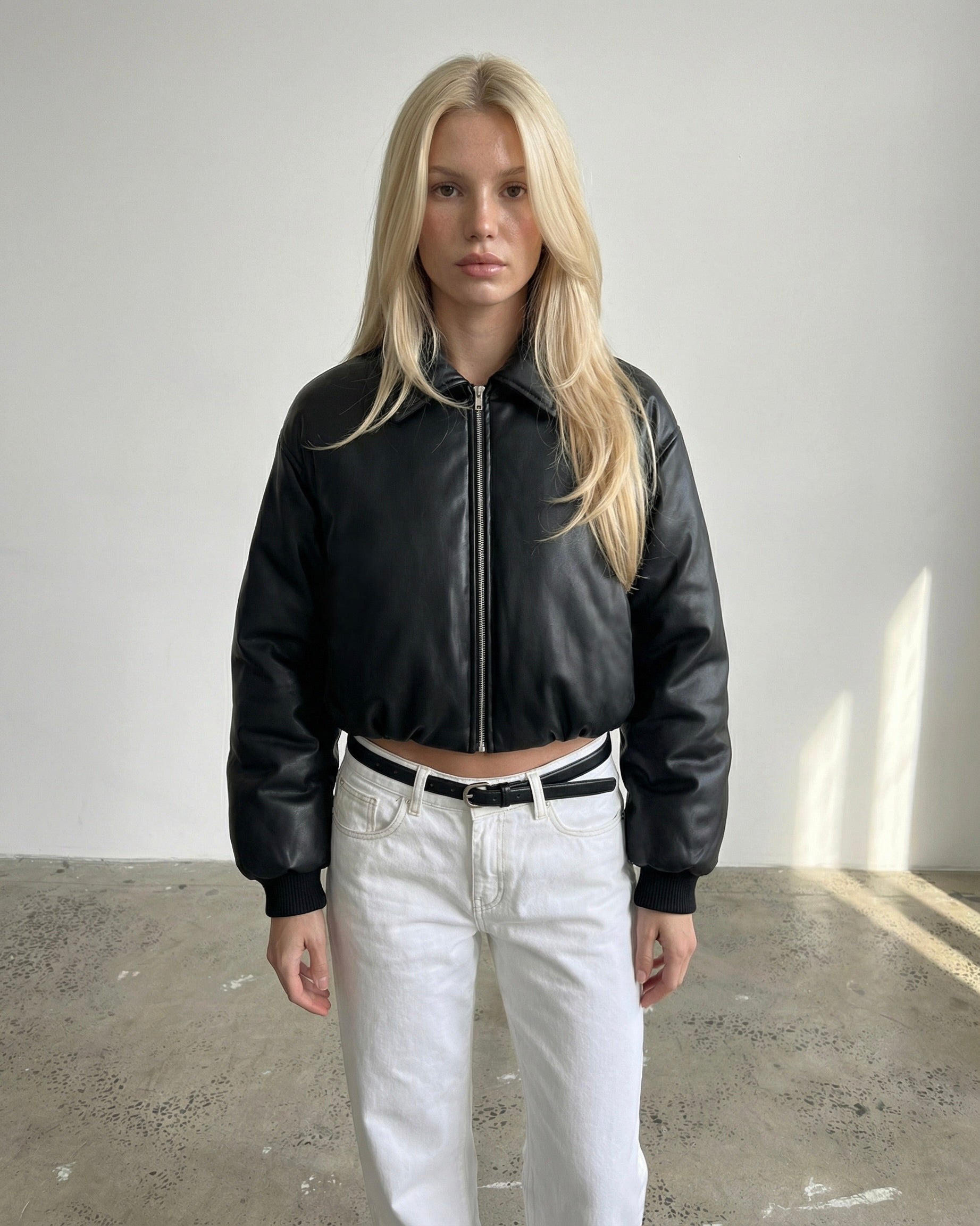 Brown Puff Leather Bomber