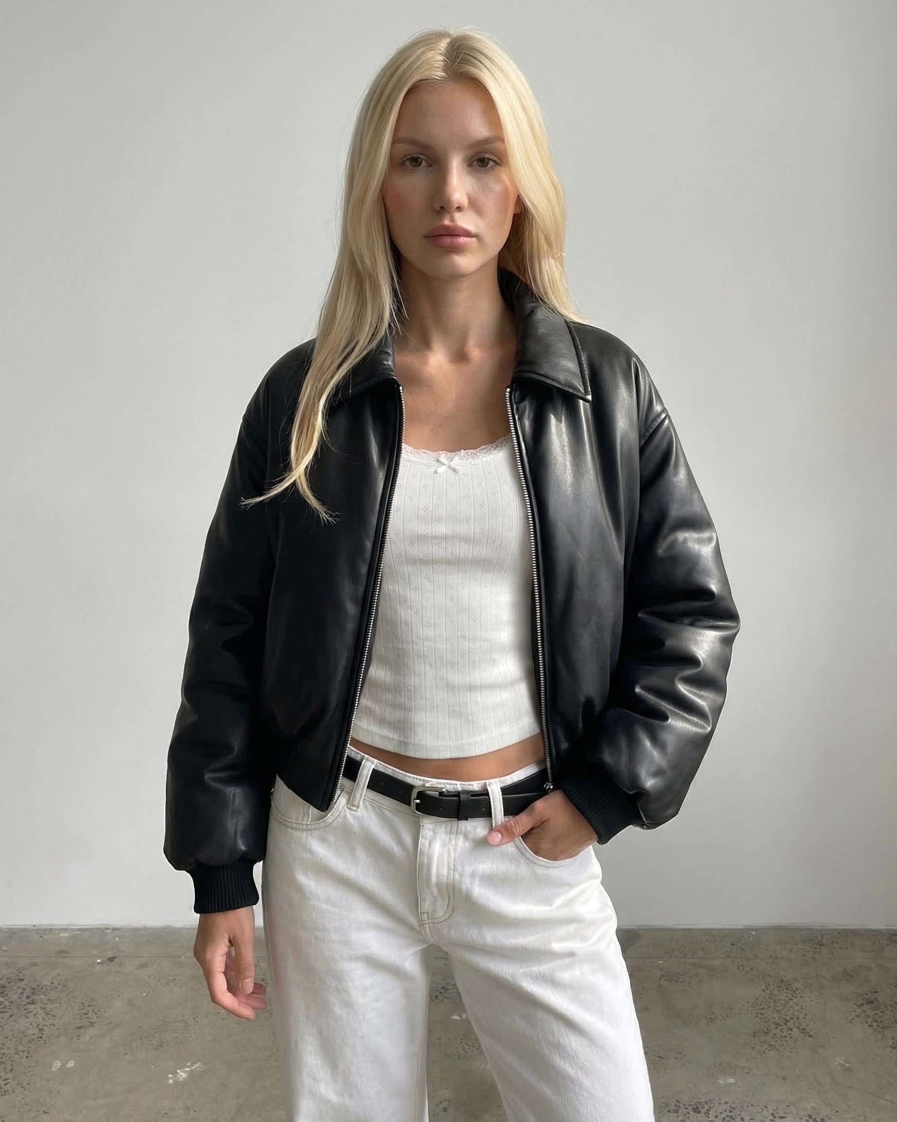Brown Puff Leather Bomber