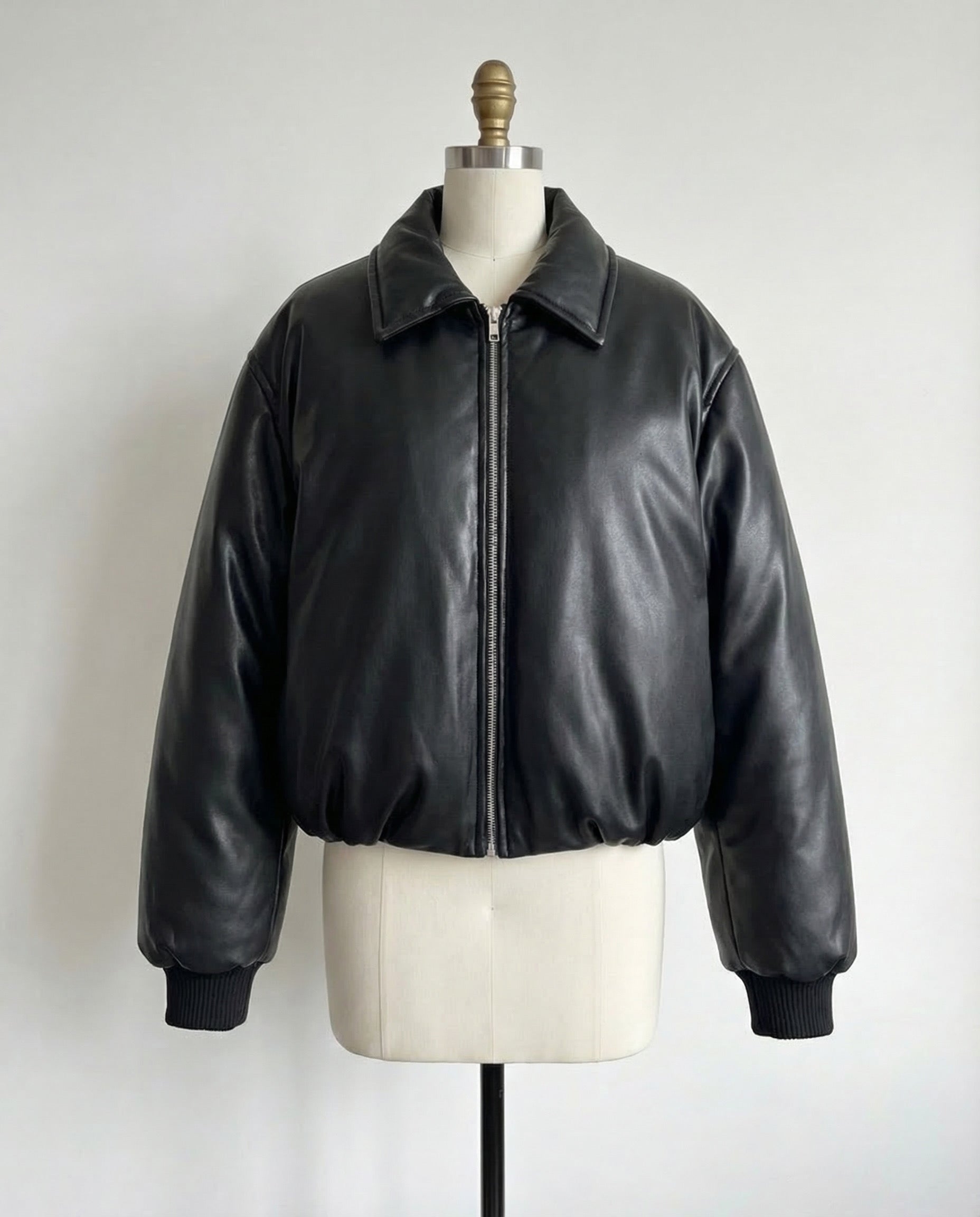 Black Puff Leather Bomber