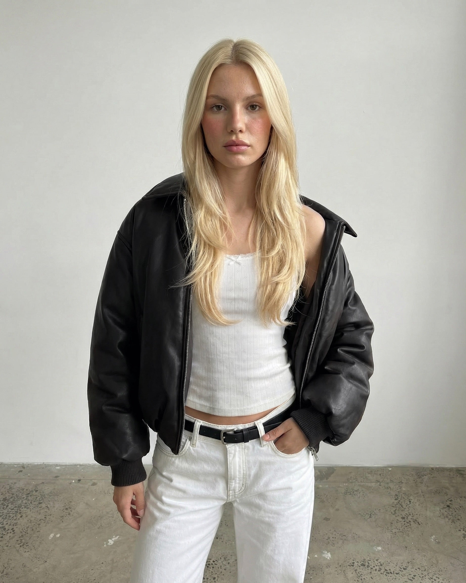 Brown Puff Leather Bomber