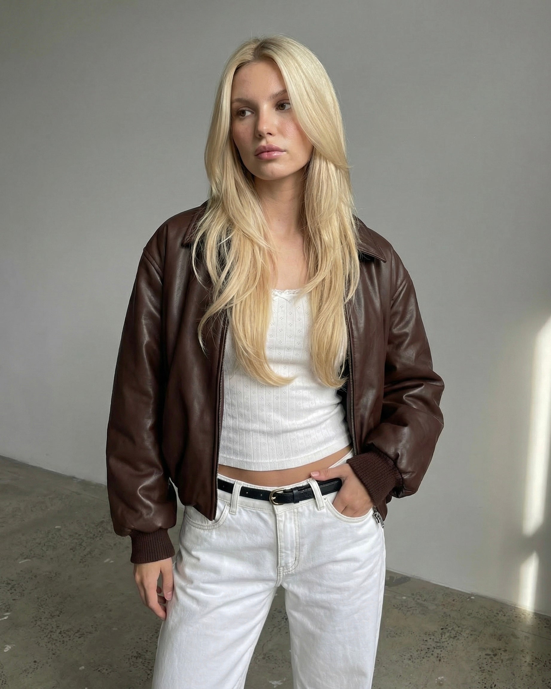 Brown Puff Leather Bomber