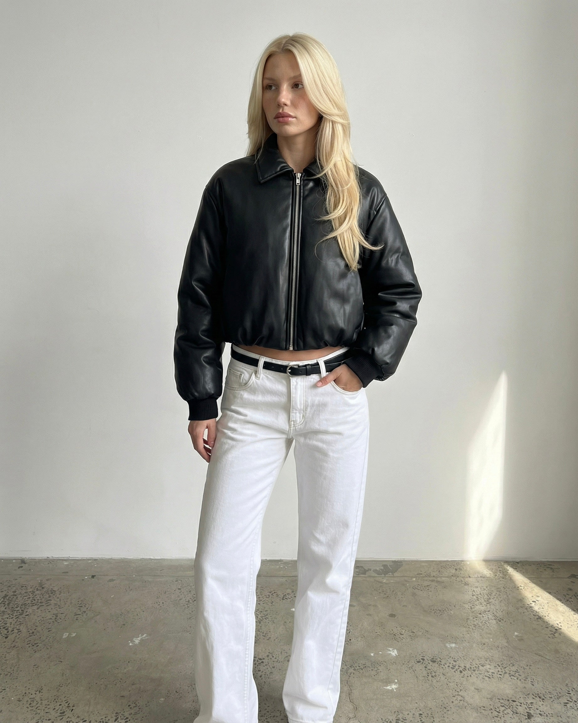 Black Puff Leather Bomber