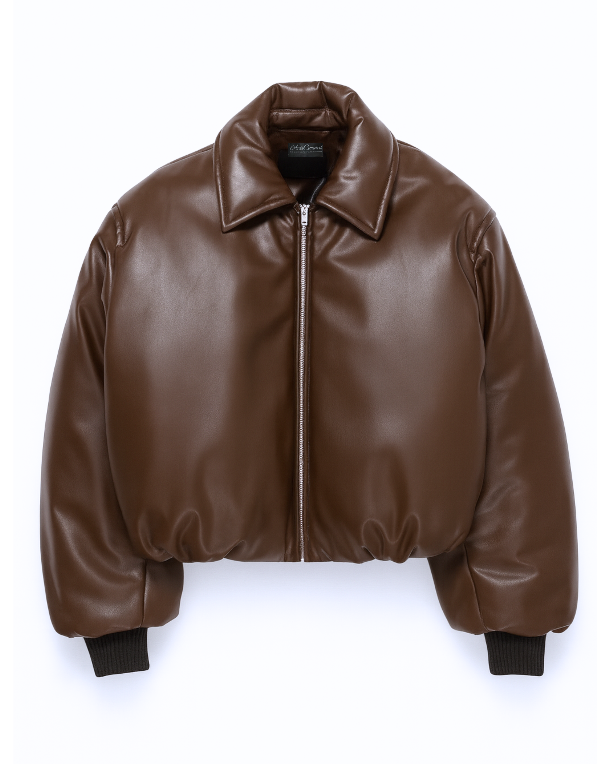 Brown Puff Leather Bomber